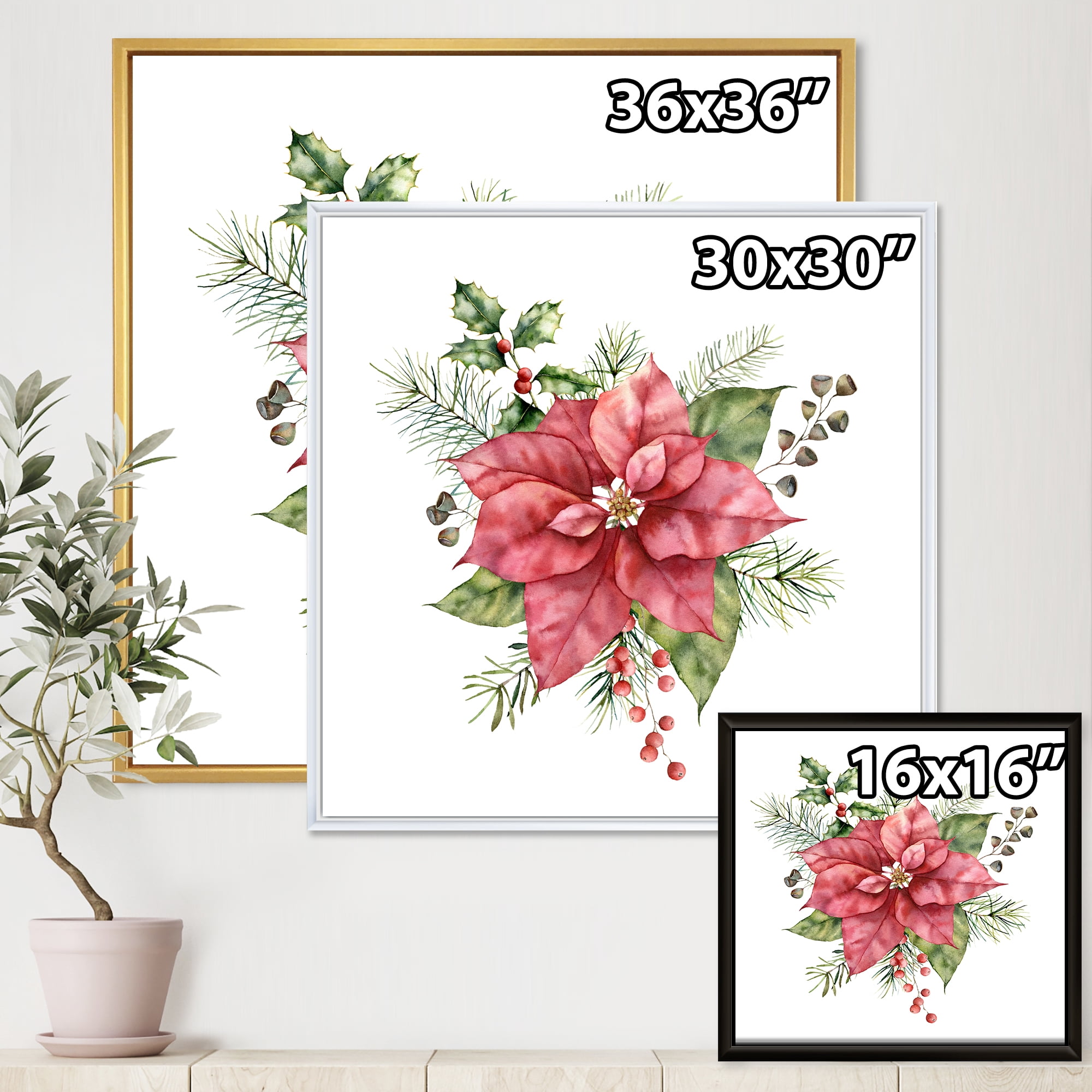 Christmas Fir Branch and Holly Mistletoe Berries II 36 in x 36 in Framed Painting Canvas Art Print, by Designart