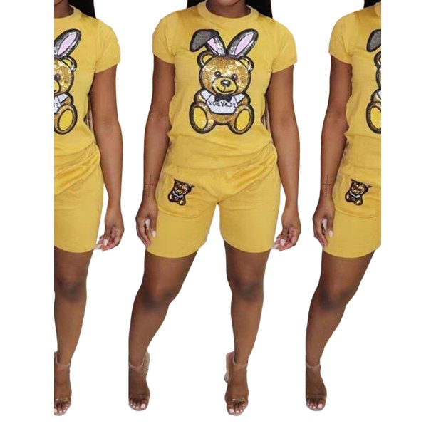 VISgogo - Conjunto de 2 piezas de verano para mujer, con estampado de oso de lentejuelas, camisetas de manga corta y pantalones cortos de cintura alta VISgogo moda