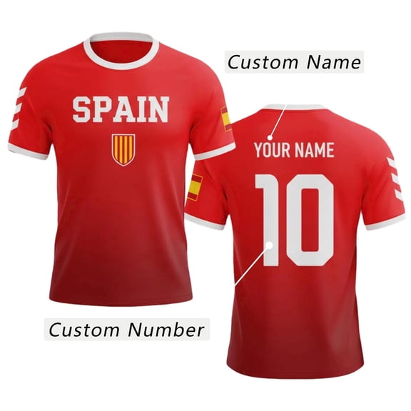 WAYUTE Men's Spain Soccer T Shirt Short Sleeve Athletic Crew Neck Tee with DIY Name Number Patriotic Pattern Sport Top for Game Days