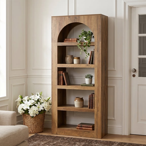 Finmind 70.8" 5-Tier Arched Bookshelf, Modern Wooden Open Display Storage Bookcase, Light Brown