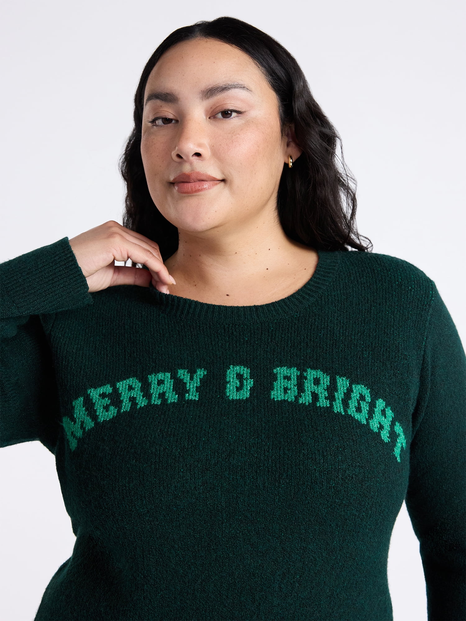 Time and Tru Women's and Women's Plus Holiday Talking Sweater with Long Sleeves, Midweight, Sizes XS-4X