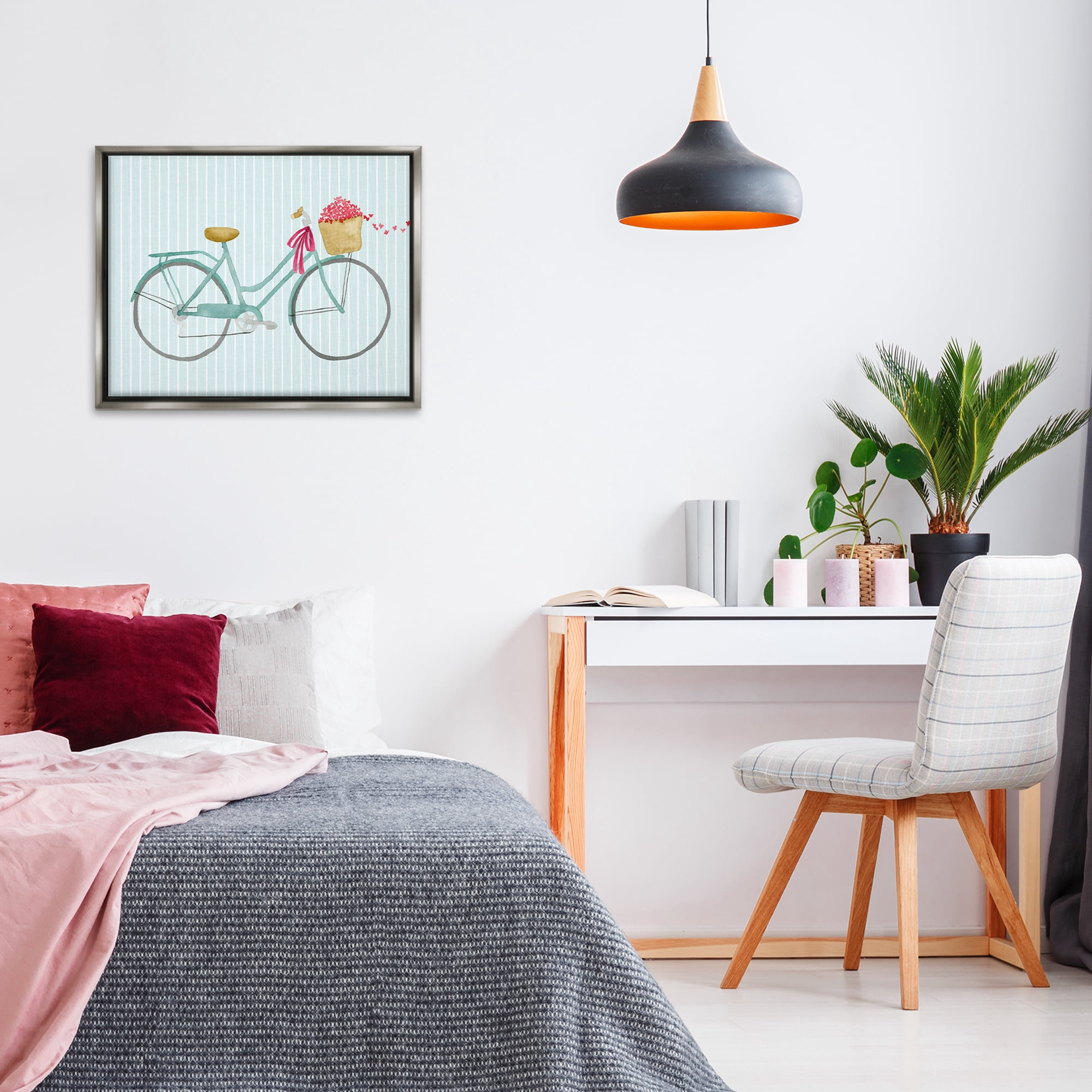 Stupell Industries Cycle Through Love on Stripes Transportation Painting Gray Floater Framed Canvas Art Print Wall Art, 31 x 25