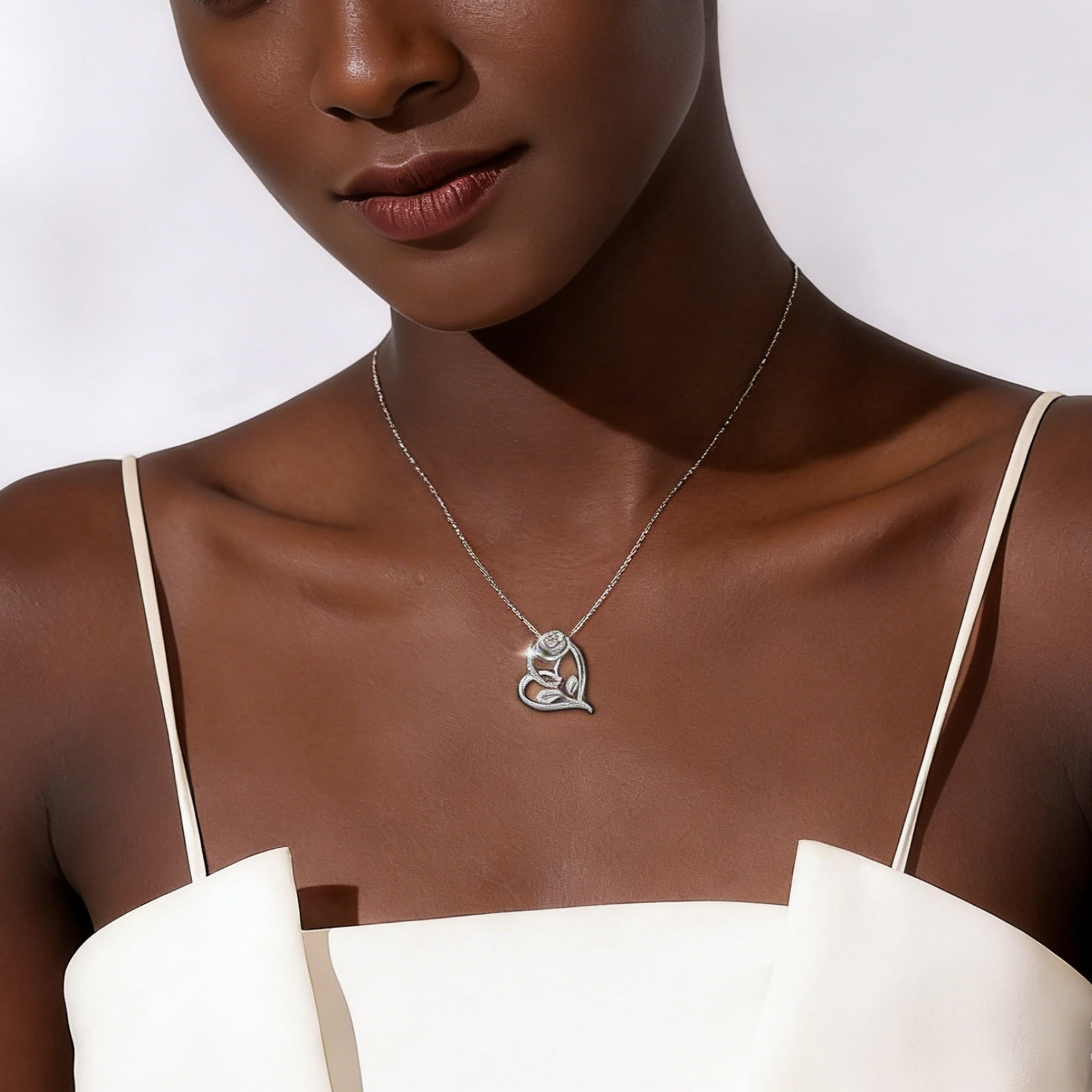 Flydeer Necklaces for Women 925 Sterling Silver Rose Flower Heart Pendant Necklace 5A CZ Valentines Jewelry Gifts for Women