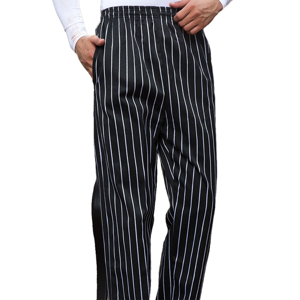 Men Striped Loose Pants Trouser Chef Restaurant Uniform Bottoms Work Wear Casual
