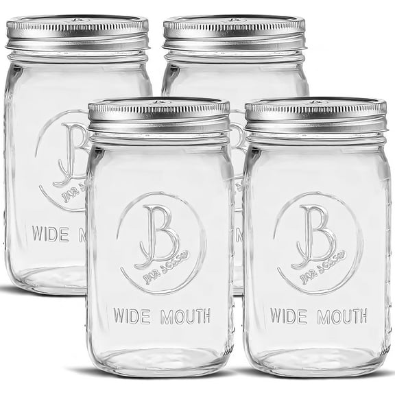 Wide Mouth Mason Jars 32 oz - (4 Pack) - Clear Glass Quart Mason Jars With Airtight Lids and Bands