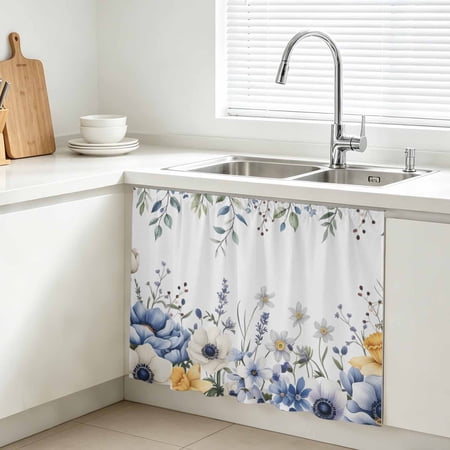 Cabinet Curtains 11 W x 13 L Flowers Eucalyptus Sink Skirt for Bathroom Kitchen Self Adhesive Watercolor Botanical Floral Leaves Desk Privacy Short Curtain for Pantry Storage Coffee Bar