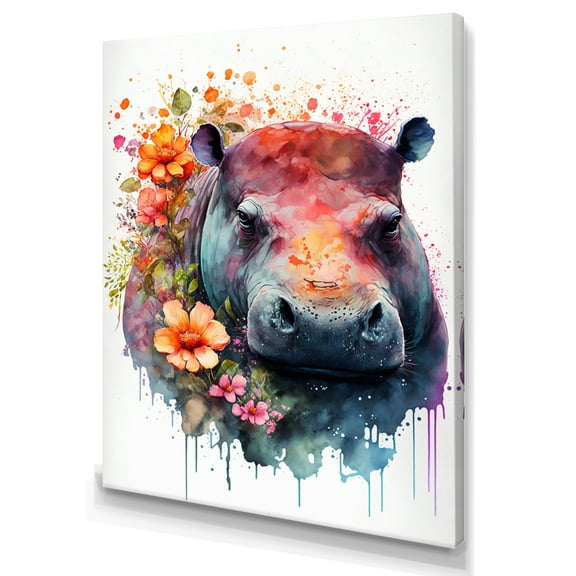 Designart Cute Hippo Floral Art Canvas Wall Art