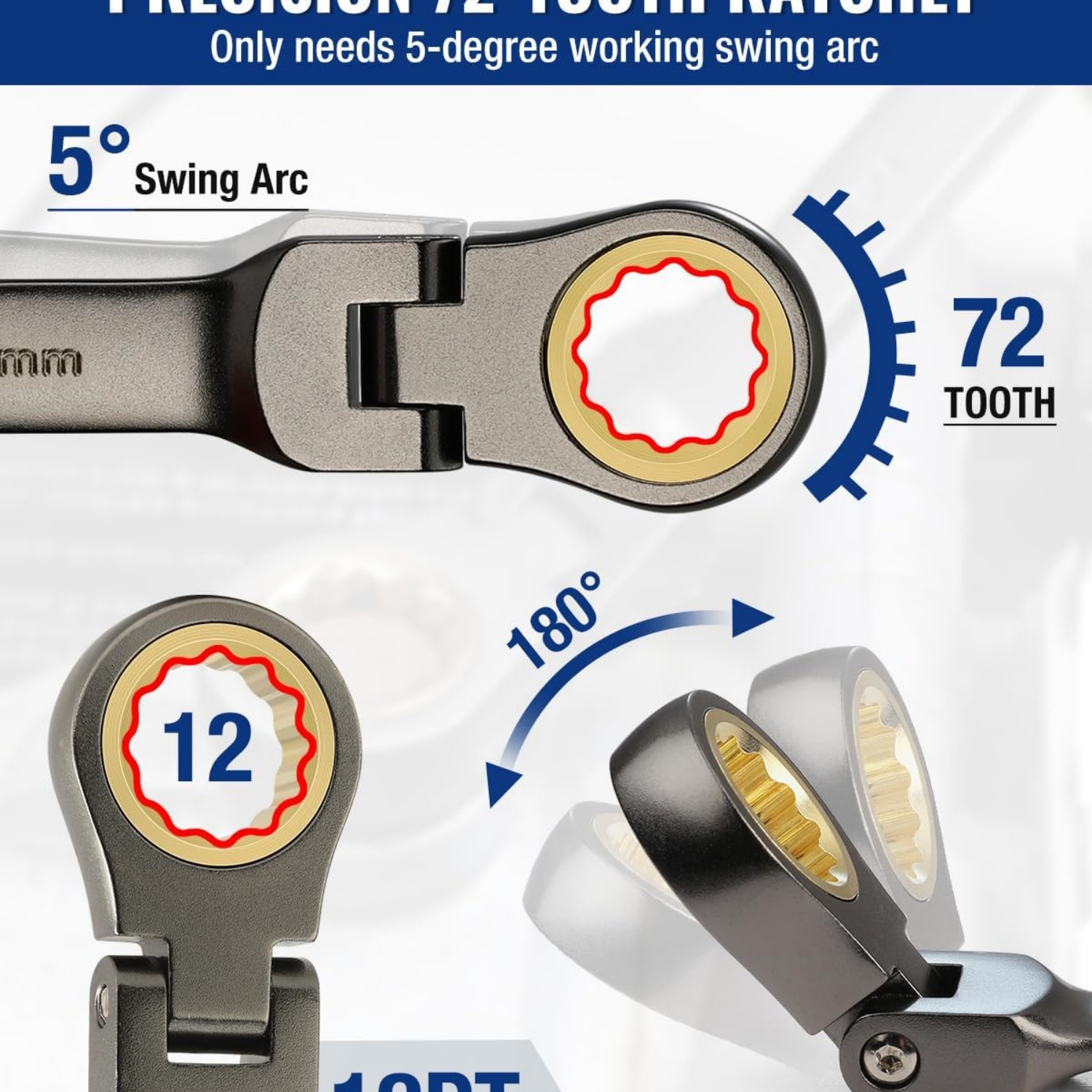 8-piece Flex-Head Ratcheting Combination Wrench Set, Metric 9-17 mm, 72-Teeth, Cr-V Constructed, Nickel Plating with Organization Bag
