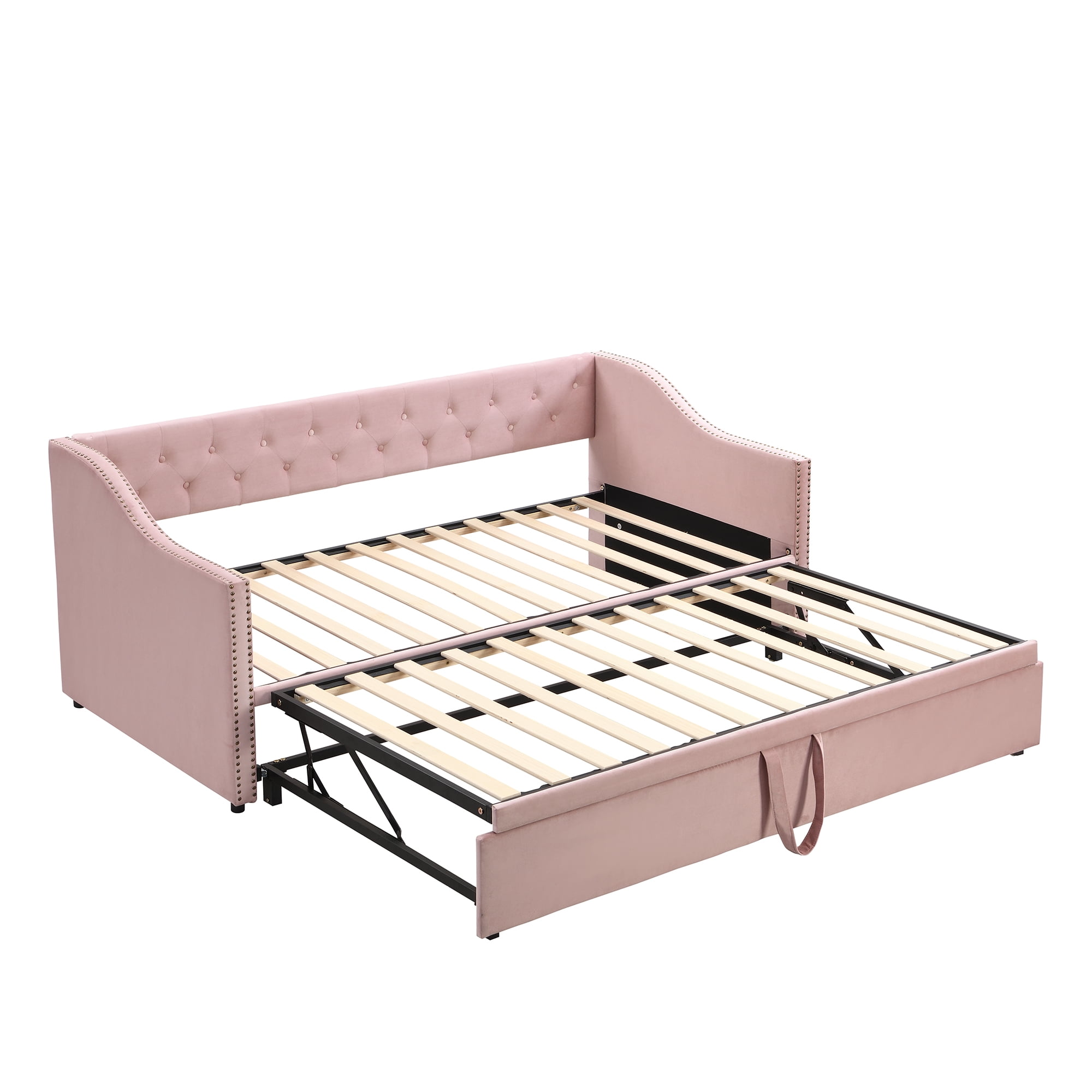 Aukfa Twin Daybed with Pop-Up Trundle, Velvet Upholstered Bed Frame with Button Tufted Back and Nailhead Trim, Space Saving Guest Bed for Kids Room/Living Room, Pink