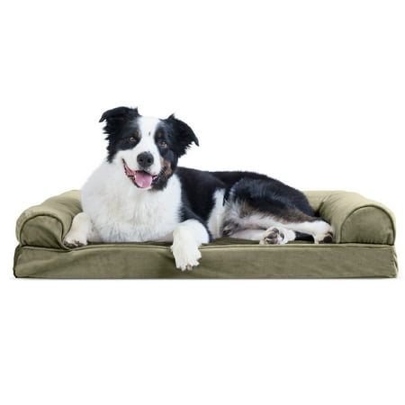 UPC: 0842229106749 | FurHaven Pet Products Faux Fur & Velvet Cooling Gel Memory Foam Sofa-Style Pet Bed for Dogs & Cats – Dark Sage Large