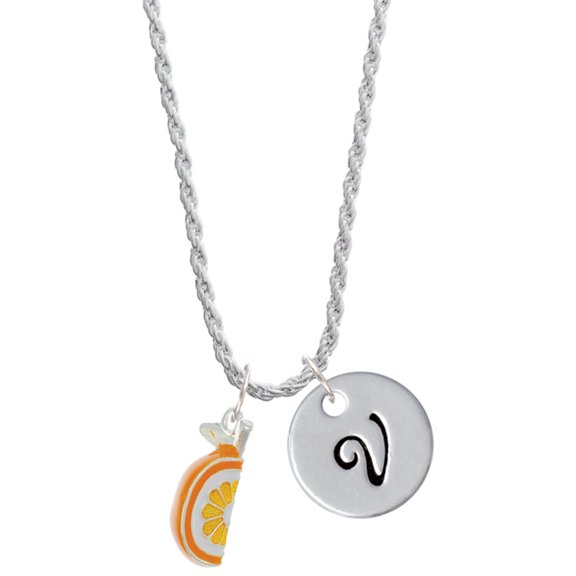 Delight Jewelry 3-D Enamel Orange Slice Silvertone Script Initial Disc - V - Charm Necklace, 20"+3"