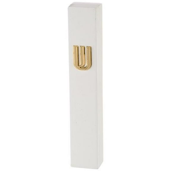 Art Judaica 24371 12 cm Concrete Polymer Mezuzah Cover with Stone Like, White & Gold Shin