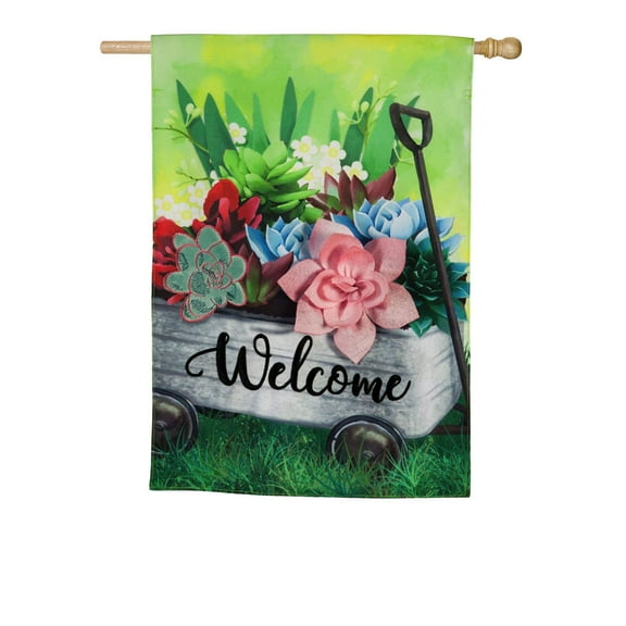 Galvanized Wagon with Succulents House Linen Flag - 28 x 1 x 44 Inches