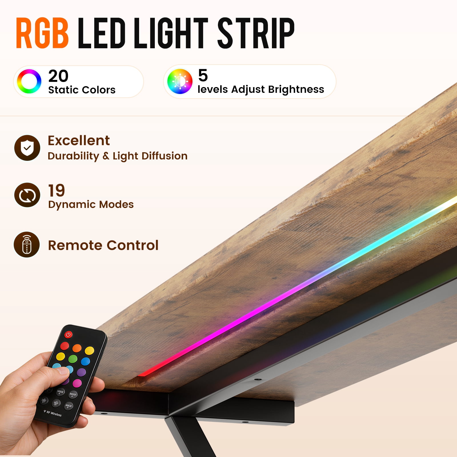 CLOUDREST PTO 42" L-Shaped Office Desk with Power Outlets & RGB LEDs, Brown