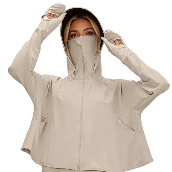 Domuza Upf 50 Sun Hoodie Shirts Women with Mask and Brim Long Sleeve Solid Tshirts Summer Trendy Uv Protection Ice Silk Sunscreen Blouses Coffee One Size