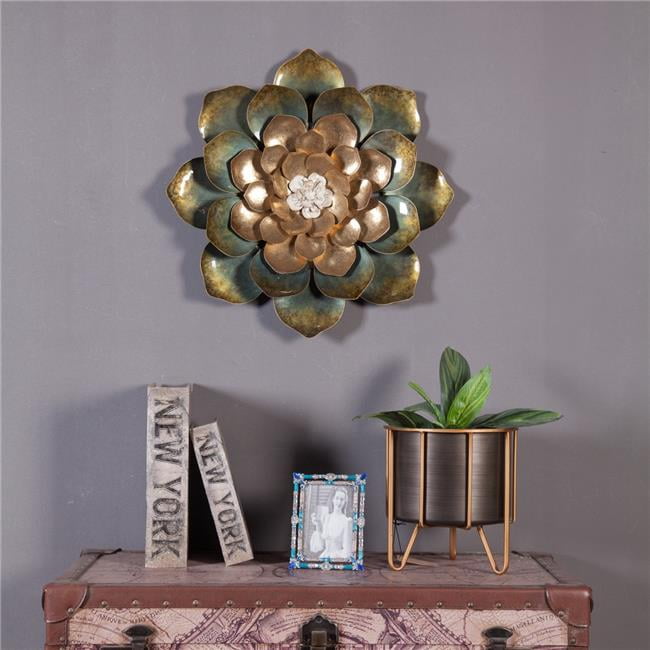 Luxen Home Gold and Teal Metal Flower Wall Decor 
