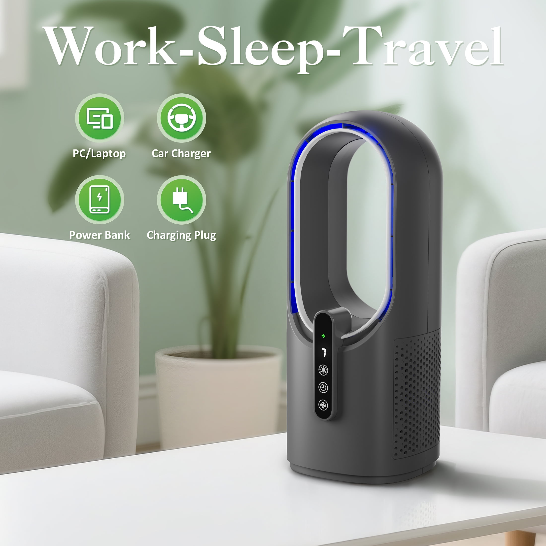 Better Homes & Gardens Bladeless Cooling Fan with LED Light, Quiet Desk Fan 3 Speeds, Portable Touch Control for Office Home