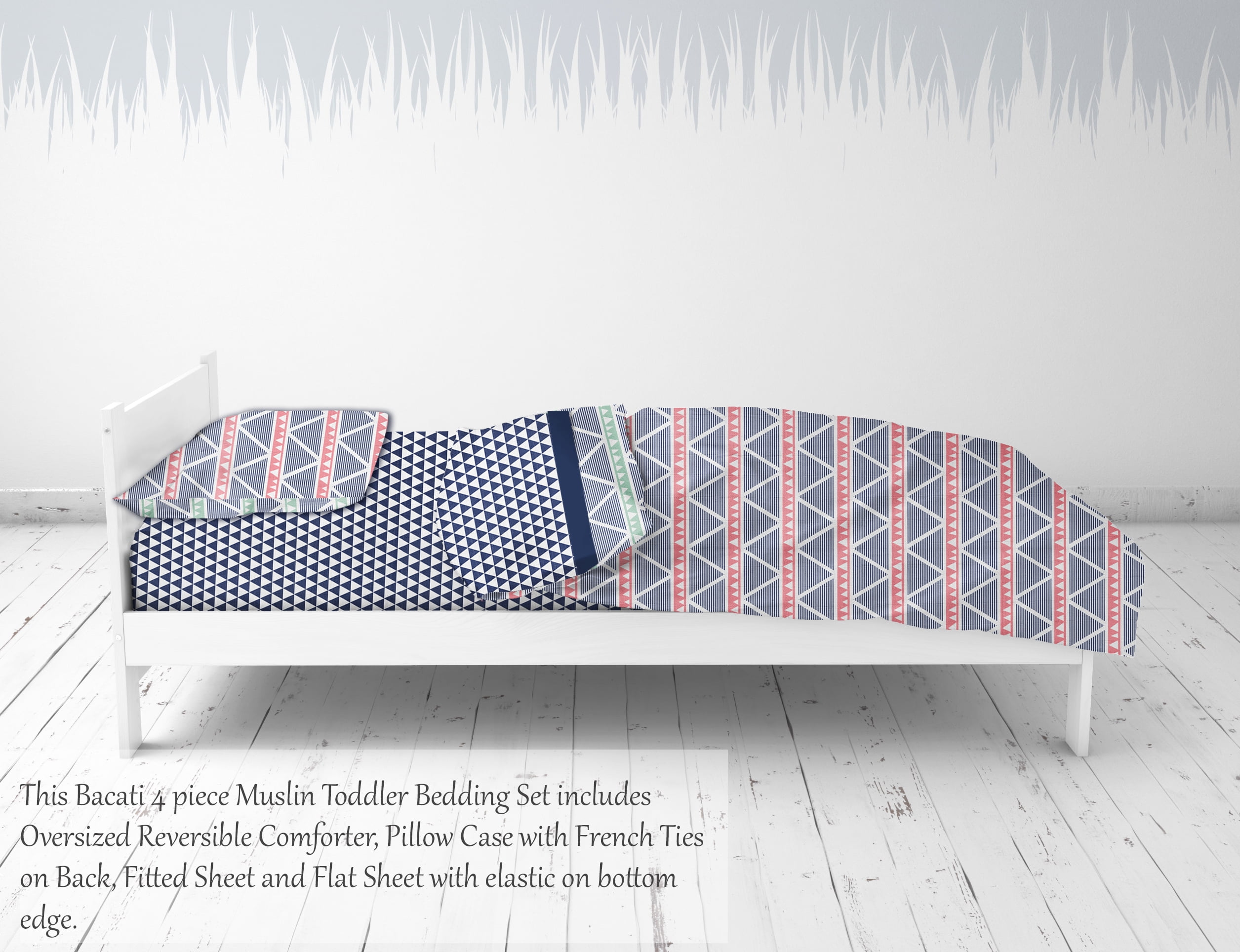 Bacati - Emma Aztec Coral/Mint/Navy Triangles 100% Cotton Muslin 4-Piece Toddler Bedding Set