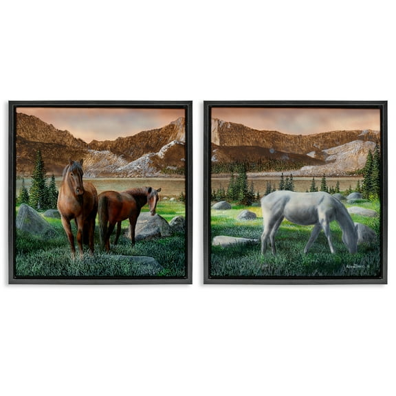 Stupell Industries Country Valley Horses Grazing Animals Painting Black Floater Framed Canvas Art Print Wall Art, 18 x 18, Set of 2