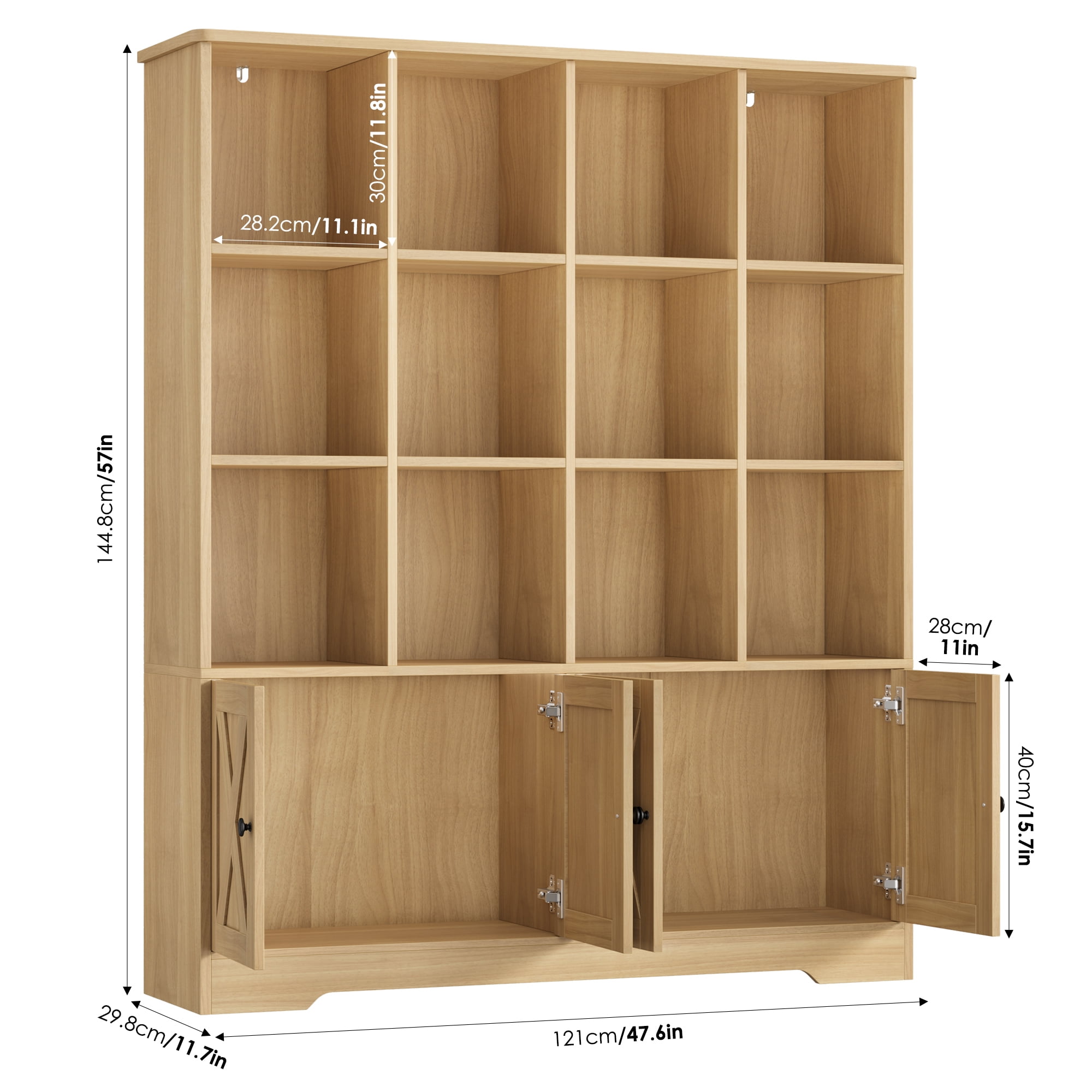 Homfa 12 Cube Double Wide Bookcase with Doors, 3 Tier Library Cabinet & Bookshelves for Home Office Living Room, Natural