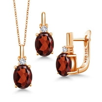 Gem Stone King 6.43 Ct Red Garnet White Created Sapphire 18K Rose Gold Plated Silver Pendant and Earrings Jewelry Set