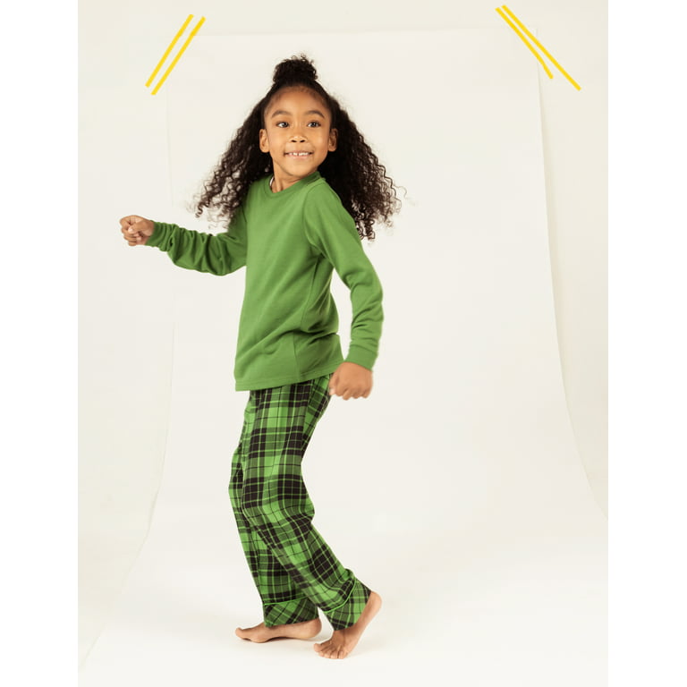 Leveret Kids Pajamas Poly Top & Flannel Pants Green Plaid 14 Years
