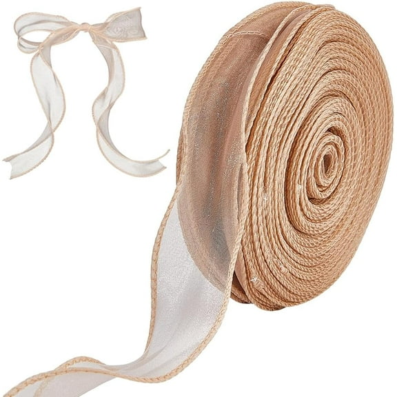 50 Yards 1-3/5 Inch Tan Wired Chiffon Ribbon Sheer Tulle Solid Roll Organza Ribbons Wired Woven for Gift Wrapping Wedding Bouquet Home Decor Hair Accessories Handmade DIY Decoration Craft