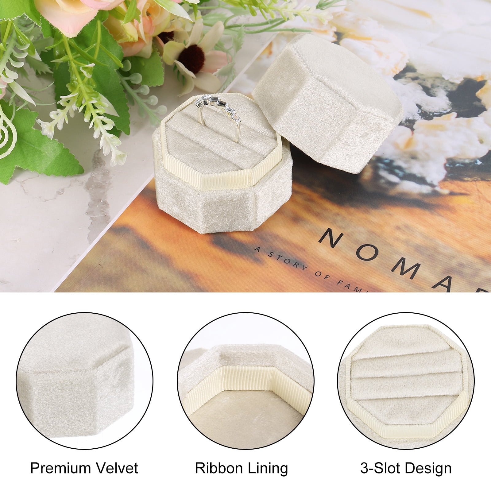 Unique Bargains Octagon Velvet Ring Box for Wedding Rings Light Yellow
