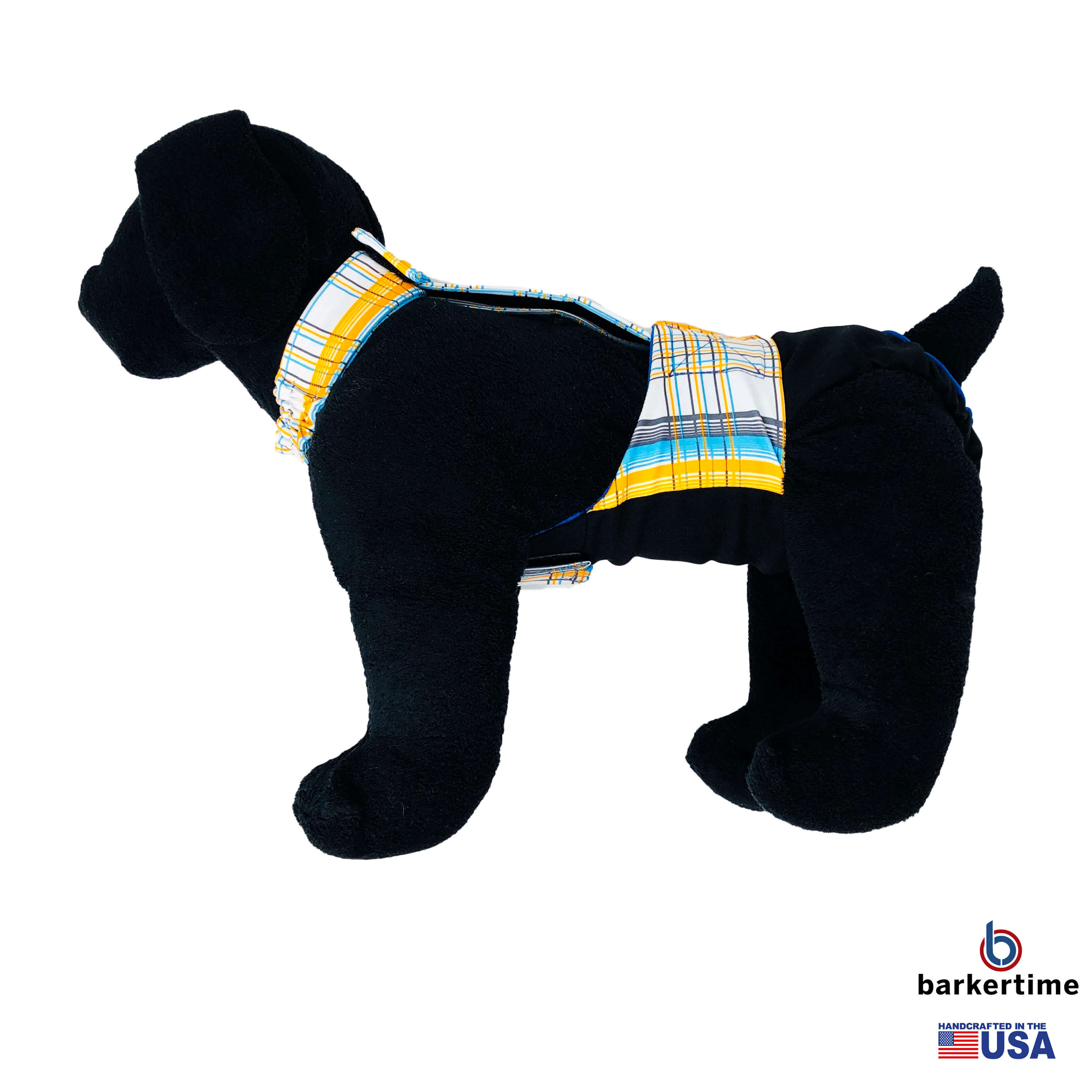 Barkertime Blue Yellow Plaid on Black Dog Diaper Overall