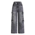 thumbnail image 2 of FAOWME Big Kids Denim Pants With Pockets High Waist Distressed Wide Leg Fashion Loose Fit Jeans Trousers For Casual Daily Wear Grey 10-11 Years, 2 of 3