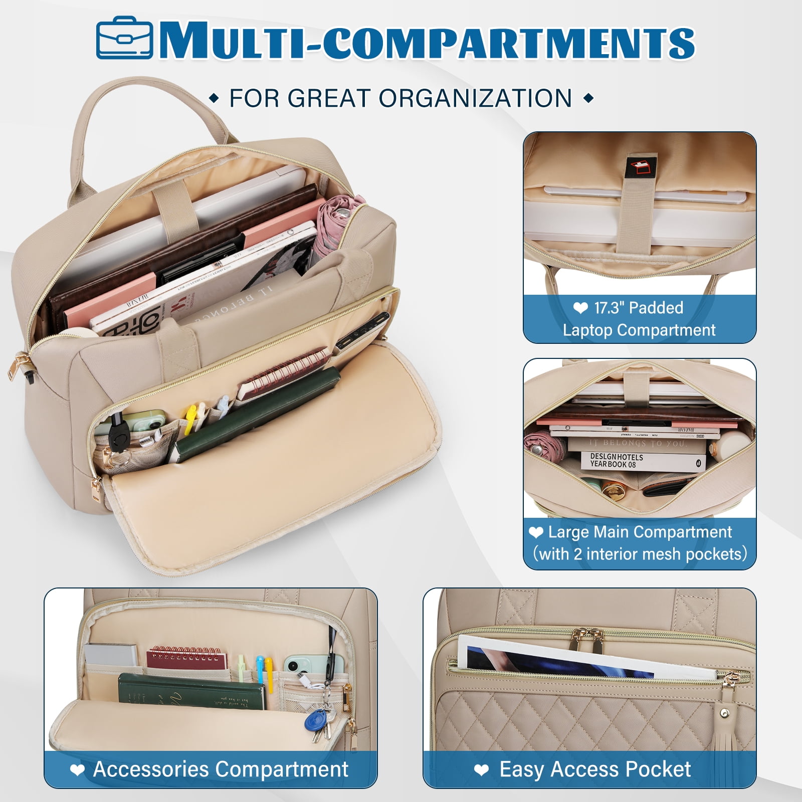 RAINSMORE Laptop Bag 17.3 Inch Messenger Shoulder Bags for Women Waterproof Computer Briefcase Large Laptop Case for Work Business Office College Travel,Khaki