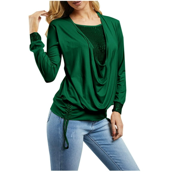 Scyoekwg Plus Size Tops for Women Long Sleeve Casual Round Neck Sequin Pleated Elastic Fake Two-Piece Top Fall Clothes (Army Green,XXXXL)