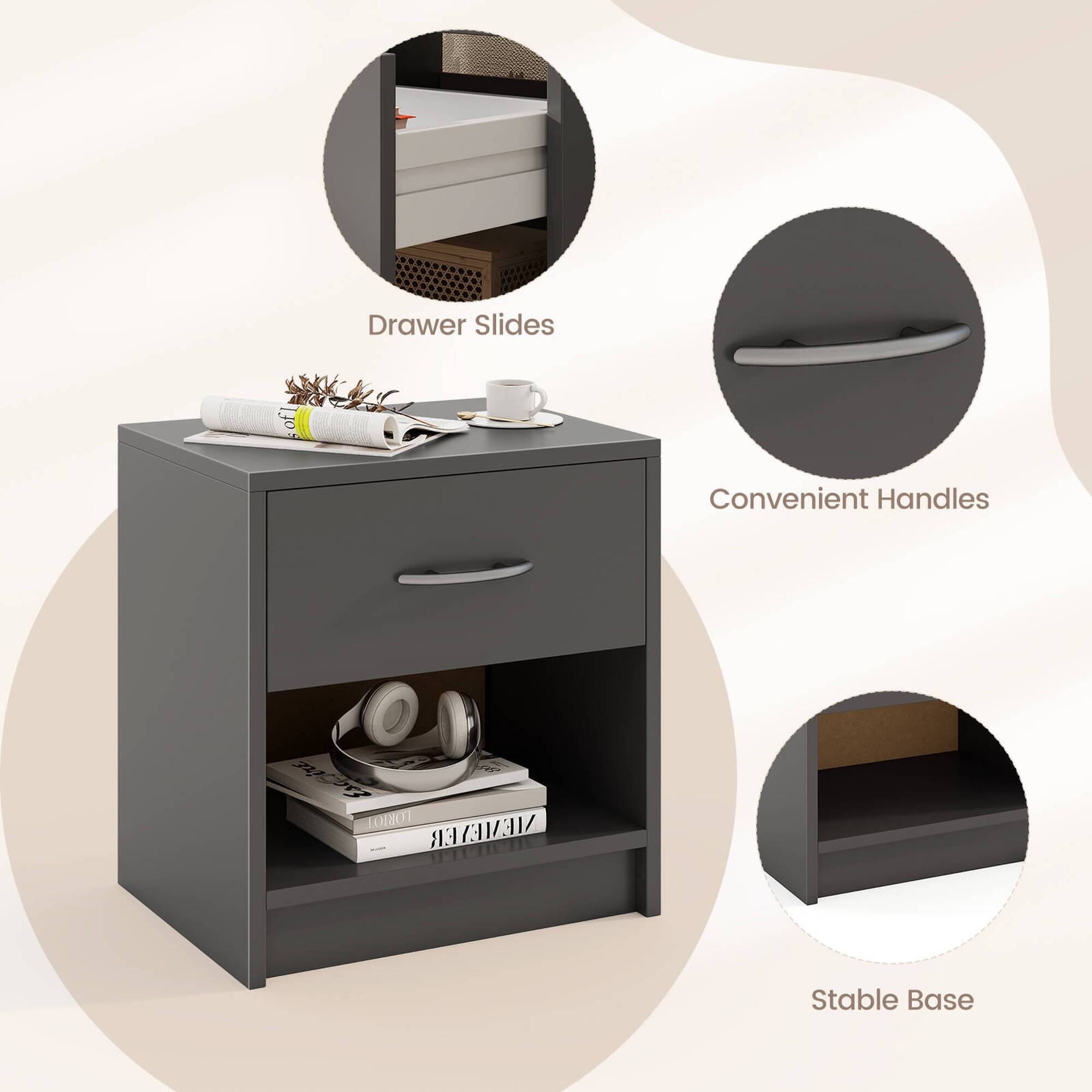 Costway Modern Nightstand Bedside Table with Drawer Open Storage Shelf for Small Spaces Dark Gray