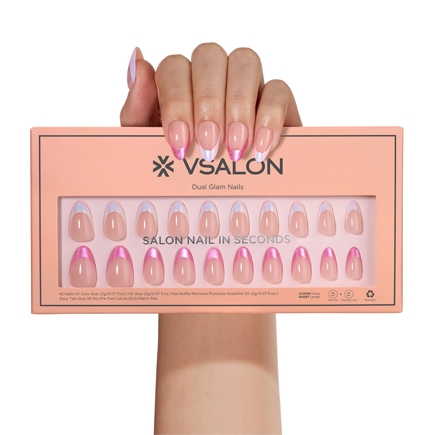 VSALON Press On Nails Short Almond 42 Pcs White Pink French Tip Glitter Chrome Nails in 16 Sizes Reusable Fake Nail Kit With UV Glue Easy Tabs Nail Glue Remover Summer DIY Home Salon Gift For Women