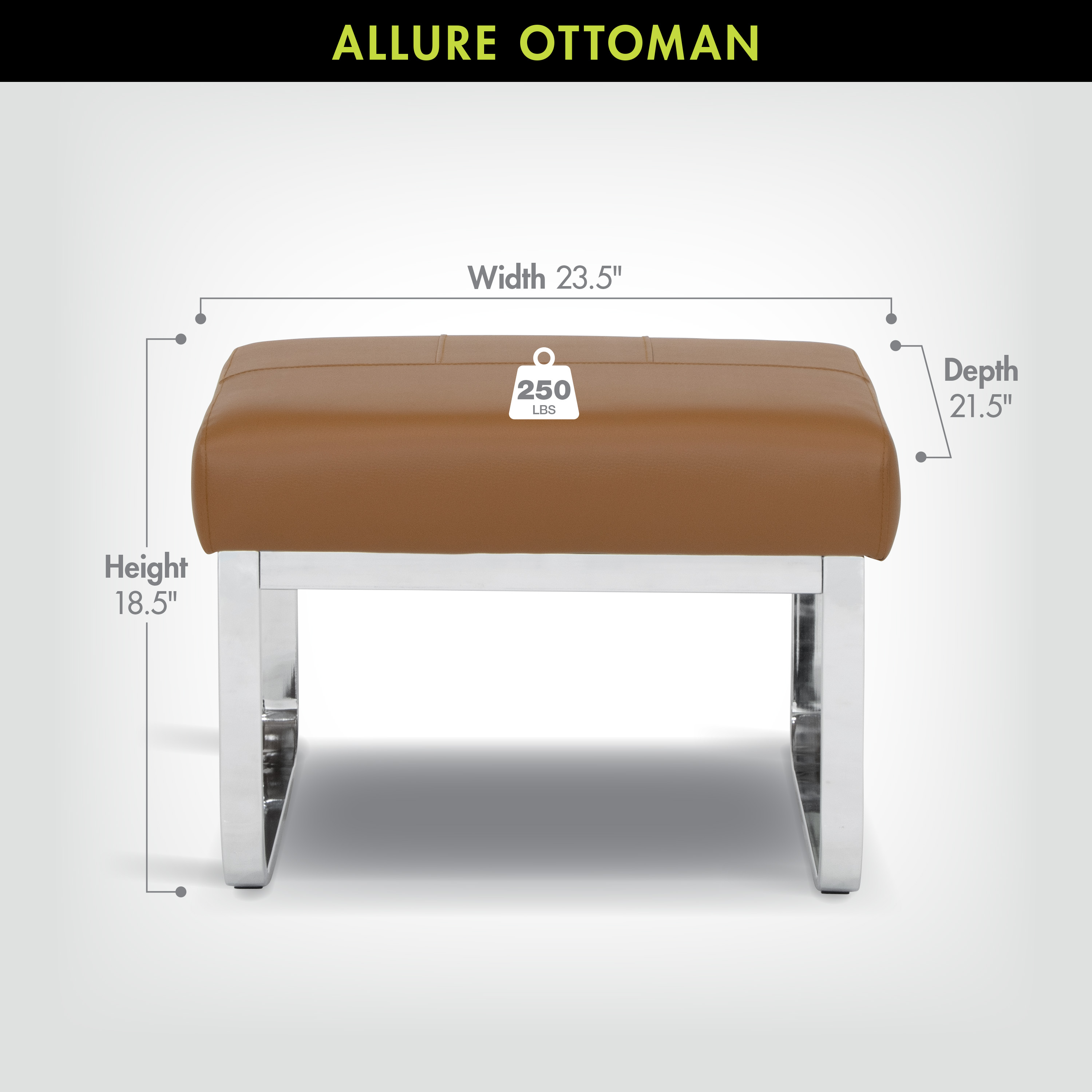 Studio Designs Home Allure Modern Rectangular Thick 5" Cushions Ottoman In Chrome and Caramel Blended Leather
