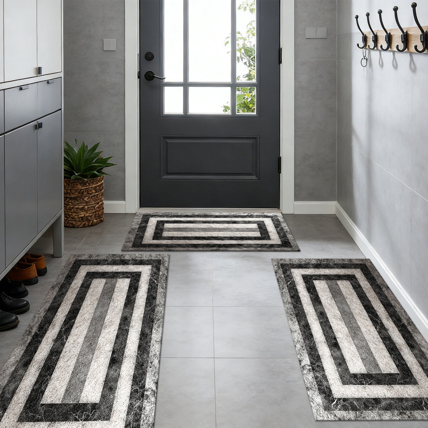 3-Piece Farmhouse Kitchen Rug Set, Washable Anti Slip Striped Floor Mats in 3 Sizes, Stain Resistant Decor Rugs for Kitchen Hallway Bathroom Home Christmas Decor