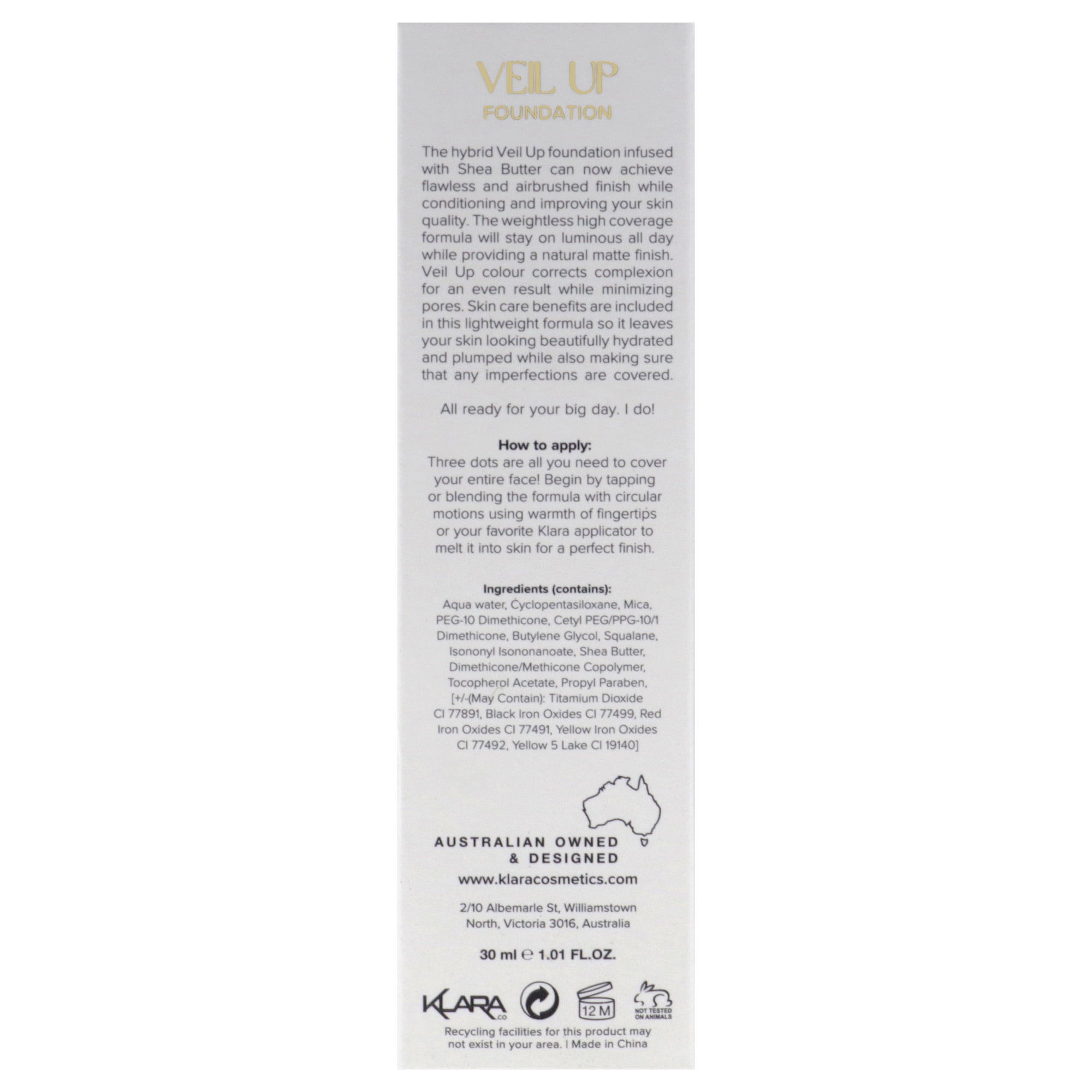 Klara Cosmetics Veil Up Foundation, Foundation Makeup, 10, 1.01 oz