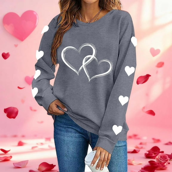 Ounisa Long Sleeve Shirts for Women Crewneck Valentine's Day T Shirts Love Heart Printed Raglan Tee Tops Fashionable Pullover Clothes