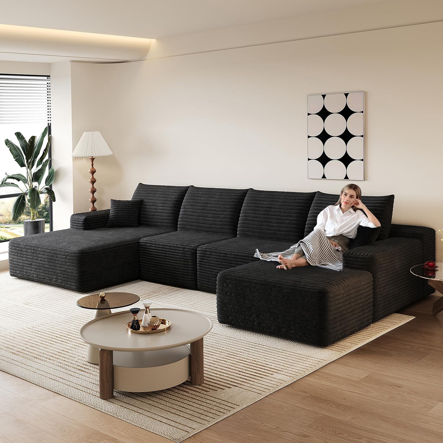 Sailvan 135" Cloud Sectional Couch, Cloudy Sofa with L-Shape Chaise & Ottoman, Upholstered Couches for Living Room & Bedroom, No Assembly Required, Plush Corduroy Fabric, Black