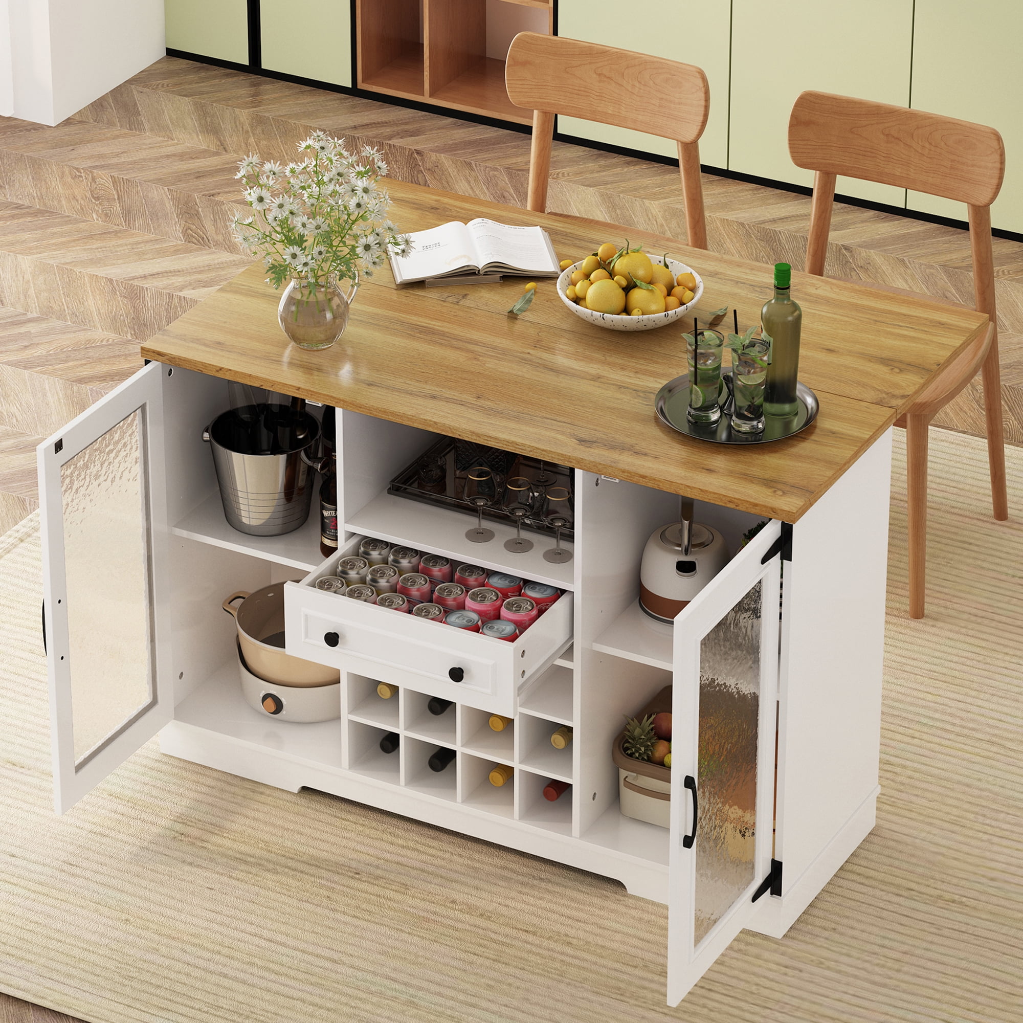Euroco Coffee Bar Cabinet with Drop Leaf, Liquor Wine Bar Cabinet with LED Lights,Glass Doors,12 Wine Racks,1 Drawer & Open Shelf,Farmhouse Kitchen Cabinet for Dining Room,Natural+White