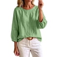 thumbnail image 2 of TGSLY Crew Neck Linen Tops for Women Lightweight Soft Solid Color Crinkle Blouses Relaxed Dressy 3/4 Balloon Sleeve Tshirts with Elastic Cuffs M, 2 of 6