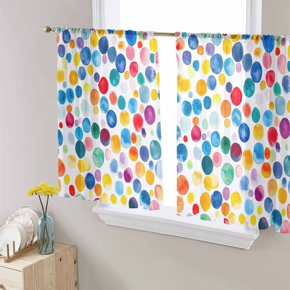 Sheer Curtains 45 Inches Long, Rainbow Polka Dots Watercolor Light Filtering Window Curtains for Living Room/Bedroom, Colorful Polka Dot Rod Pocket Voile Sheer Curtain Drapes, 52"W x 45"L, 2 Panels