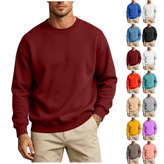 Men's Fleece Crewneck Sweatshirt, Heavyweight Soft Cotton Blend Pullover, Long Sleeve Casual Top for Spring Fall, Classic Solid Color Basic Jumper with Ribbed Cuffs