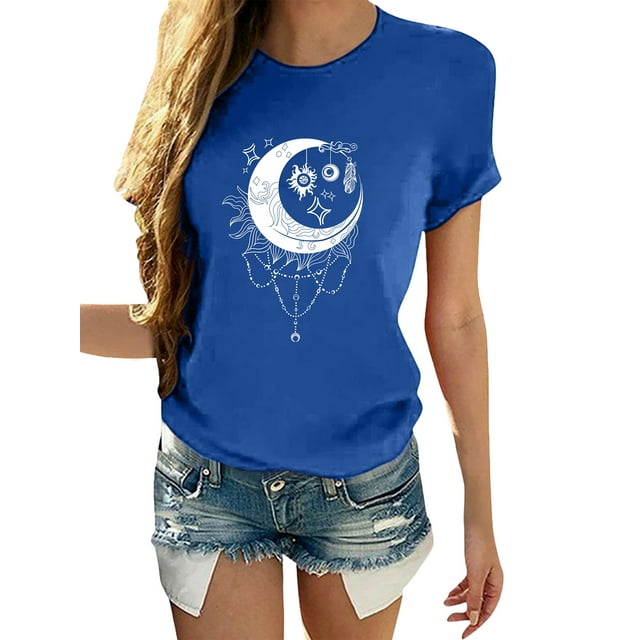 MAWCLOS Women T-Shirt Moon And Sun Printed Tee Summer Tops Boho Work Short Sleeve Shirt Blue M