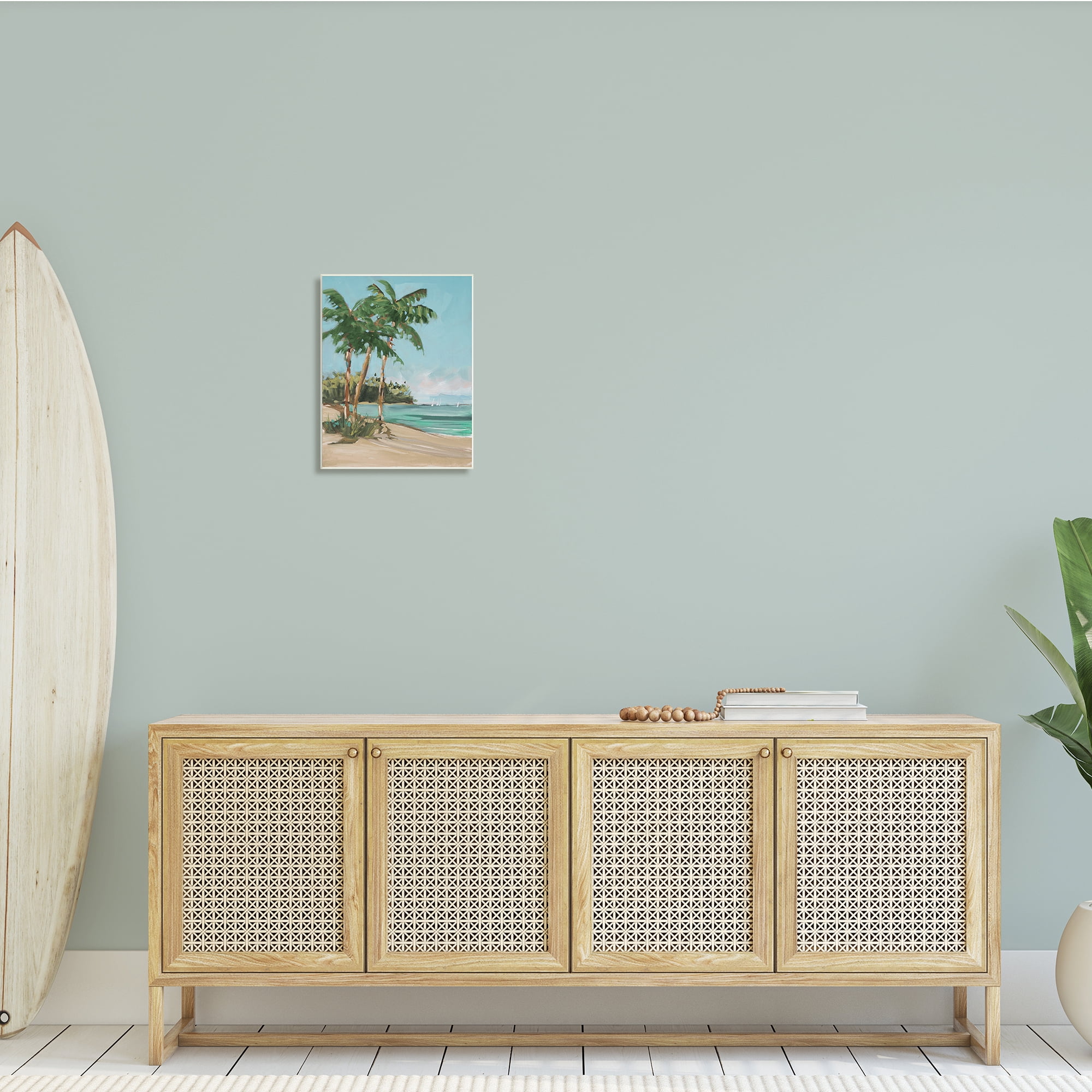 Stupell Indtries Contemporary Summer Palm Tree Coast Line Distant Boats,13 x 19,Design by Jane Slivka