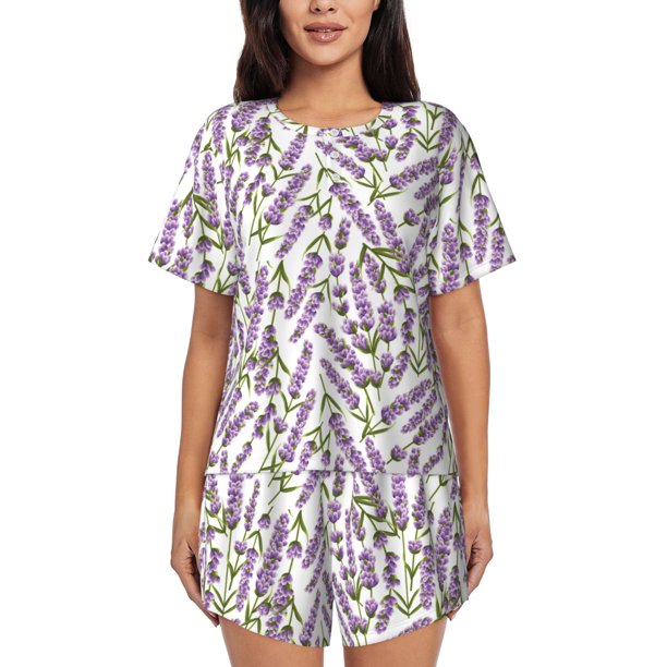 Balery Lavender Flowers Conjunto de Pijama para Mujer con Estampado, Dos Piezas de Manga Corta y Shorts, Ropa de Dormir Suave con Cuello Redondo y Bolsillos-4X-Large