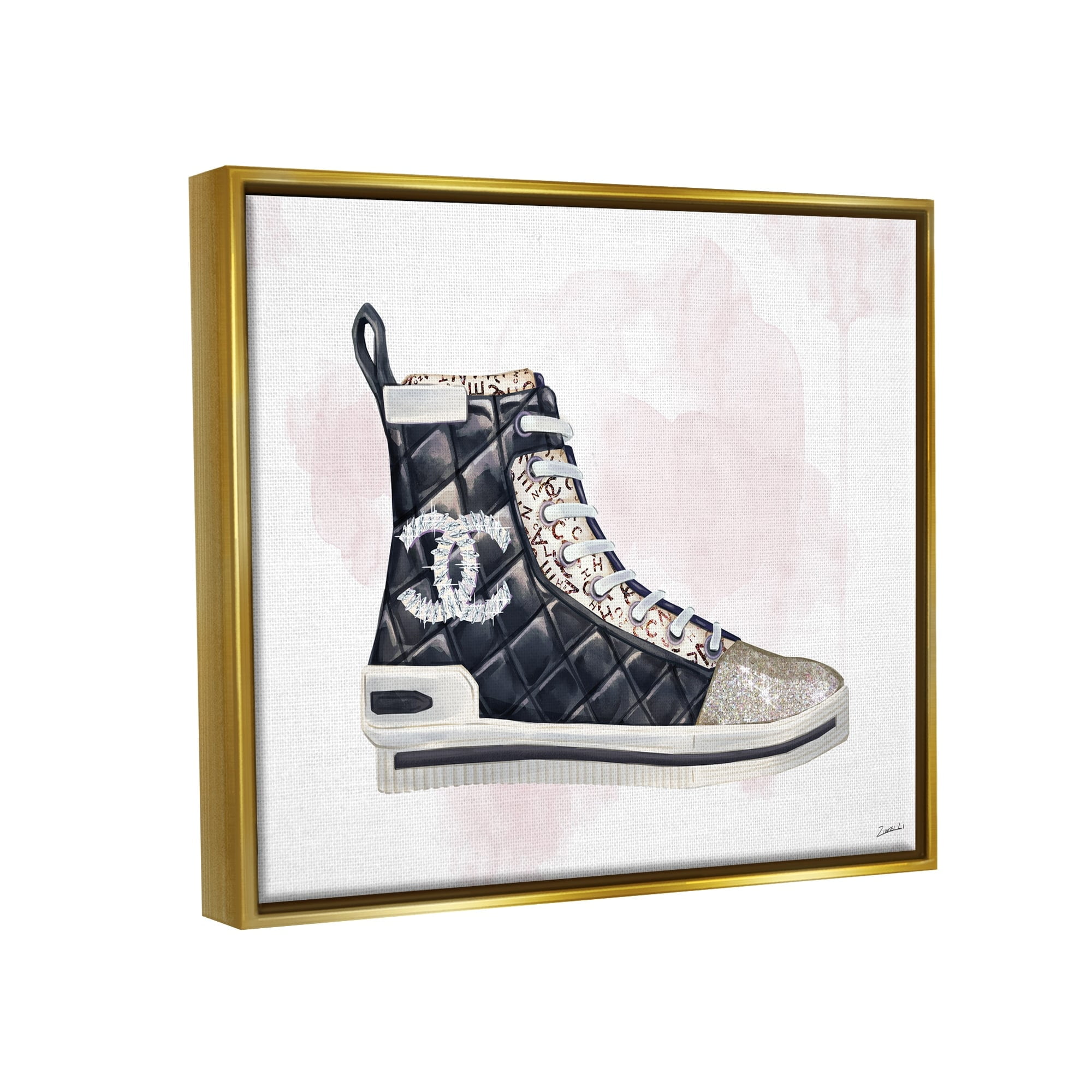 Stupell Industries Glam Fashion Quilted Sneaker Designer Style Metallic Gold Framed Floating Canvas Wall Art, 16x20, by Ziwei Li