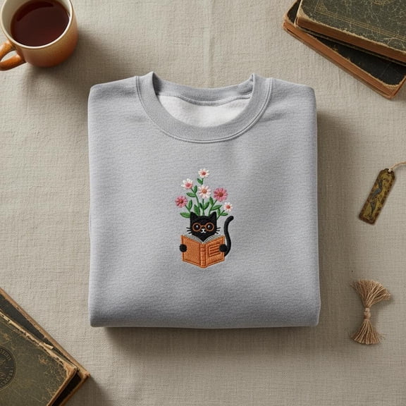 Embroidered Reading Cat Glasses shirt, Cute Bookworm Kitty Hoodie, Dark Academia Floral Crewneck, Librarian Teacher Gift, Literary Apparel