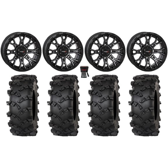 System 3 ST-6 14" Wheels Dark Tint 28" Outlaw M/T Tires Can-Am Maverick X3 / Honda Pioneer 1000 / Talon