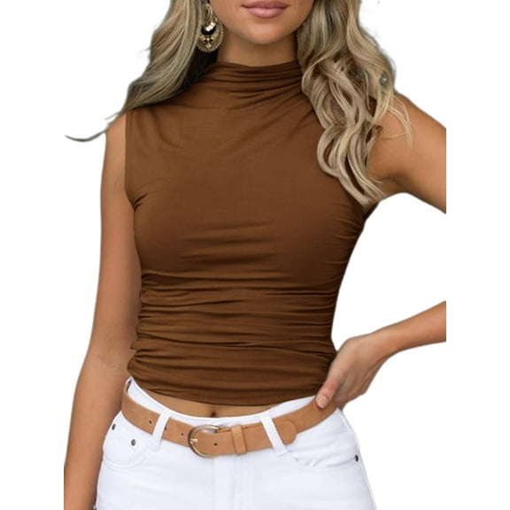 Women Sleeveless Mock Turtleneck Tank Tops Slim Crop Top Shirts